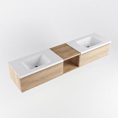 MONDIAZ BUKLA 200cm badmeubel met open module 40 kleur Washed Oak met 2 lades. Wastafel CLOUD dubbel 2 kraangaten kleur Talc.