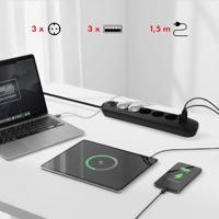 Maclean stekkerdoos, 5-polige verlengkabel + 3xUSB, 110-240V AC 50/60Hz, 2,1A max 2500W, 1,5m, zwart, MCE395 B - thumbnail