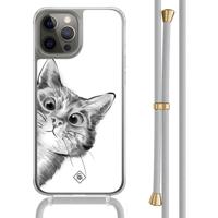 iPhone 12 (Pro) hoesje met grijs koord - Peekaboo kat - thumbnail