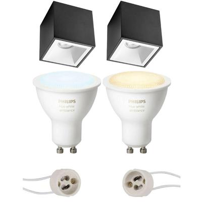 Pragmi Cliron Pro - Opbouw Vierkant - Mat Zwart/Wit - Verdiept - 90mm - Philips Hue - Opbouwspot Set GU10 - White Ambiance - Bluetooth