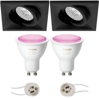 Pragmi Qiundo Pro - Inbouw Vierkant - Mat Zwart - Kantelbaar - 80mm - Philips Hue - LED Spot Set GU10 - White and Color Ambiance - Bluetooth