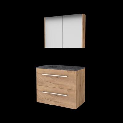 Basic-Line Comfort 46 Badkamermeubelset - 80 x 46 cm - Met Grepen - 2 Lades - Hardstenen Wastafel - Zonder Kraangat - Spiegelkast - Whisky Oak