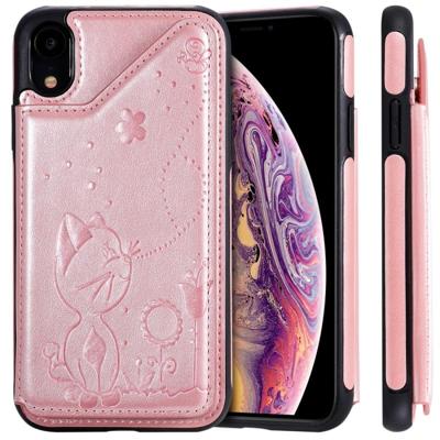 Voor iPhone XR kat Bee reliëf patroon schokbestendige beschermende case met kaartsleuven & fotolijstjes (Rose goud)