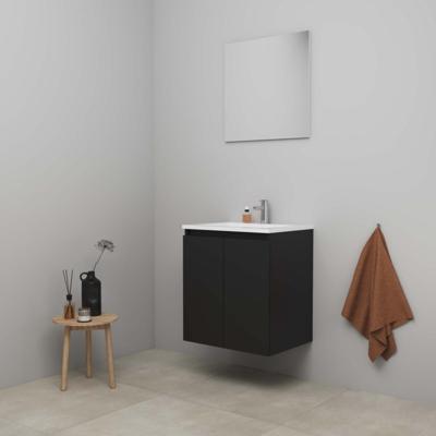 On-Line Badkamermeubelset - 60 cm - Bouwpakket - Greeploos 2 Deuren - Acryl Wastafel - 1 Kraangat - Spiegel - Mat Zwart