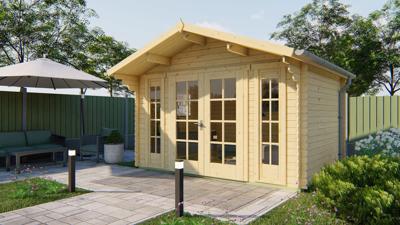 Tuindeco Max Blokhut 380x290 cm + luifel 70 cm 28 mm vuren blank- Zadeldak- Onbehandeld vurenhout- Tuindeco