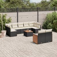 10-delige Loungeset met kussens poly rattan zwart - thumbnail