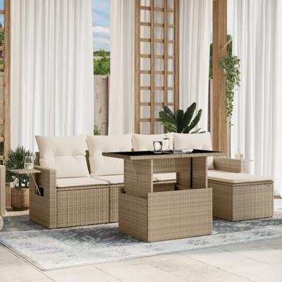 6-delige Loungeset met kussens poly rattan beige