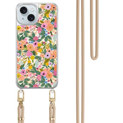 iPhone 15 hoesje met beige koord - Pink garden