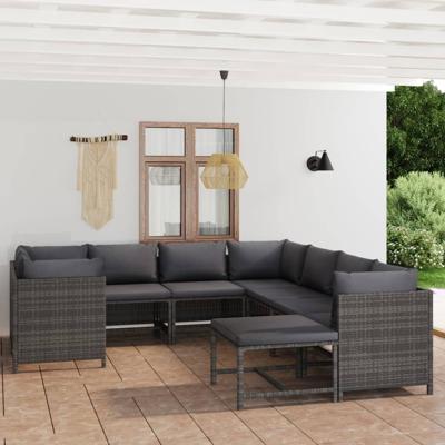 9-delige Loungeset met kussens poly rattan grijs