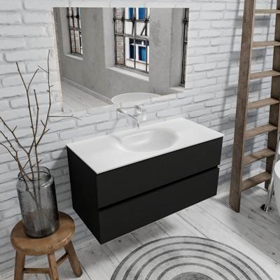 Zaro Sevilla Solid Surface badmeubel 100cm mat zwart geen kraangat met 2 lades spoelbak midden