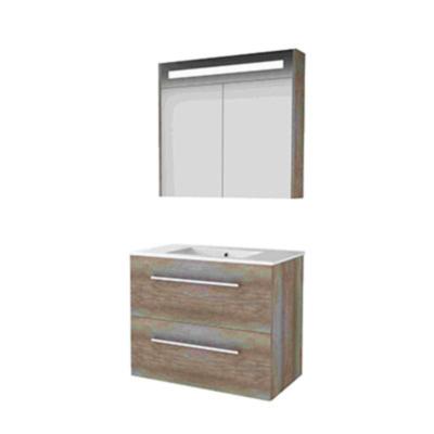 Basic-Line Premium 46 Badkamermeubelset - 80 x 46 cm - Met Grepen - 2 Lades - Keramische Wastafel - 1 Kraangat - Spiegelkast met LED Verlichting - Scotch Oak