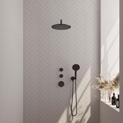 Zwarte thermostatische inbouw regendouche set met 30 cm douchekop en gebogen muurarm, 3-standen handdouche, doucheslang en wandaansluitbocht