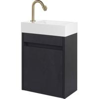 Saqu Florence voorgemonteerd fonteinmeubel in Eiken zwart met mineraalmarmeren fontein links - thumbnail