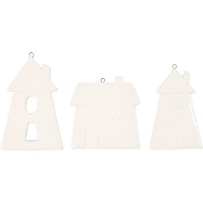 Creativ Company Hangende ornamenten, huizen, h: 7,6-9,7 cm, wit, 3 stuk/ 1 doos