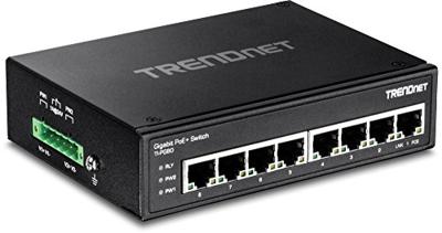 TRENDnet 8-poorts geharde industriële onbeheerde gigabit PoE+ DIN-railschakelaar, TI-PG80, 200W volledig PoE+ stroombudget, 16 Gbps schakelcapaciteit, IP30-nominale netwerkschakelaar, levenslange