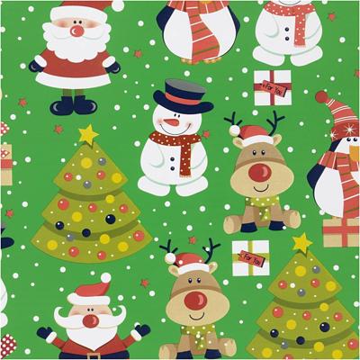 Creativ Company Inpakpapier, kerstman, kerstboom, kerstcadeau, rendier, sneeuwpop en pinguïn, b: 50 cm, 80 gr, groen, 5 m/ 1 rol