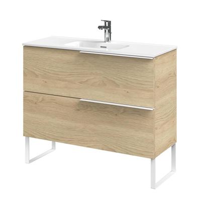 Tiger Pocket Meubelset 100 cm met 2 lades Naturel eik incl Calpe wastafel en loop-poten Hoogglans wit - 800315