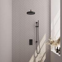 Brauer Stripe thermostatische inbouw regendouche 3-weg rechthoekig SET 20 met 25 cm douchekop en gebogen muurarm en staaf handdouche en doucheslang en geintegreerde glijstang mat zwart - thumbnail