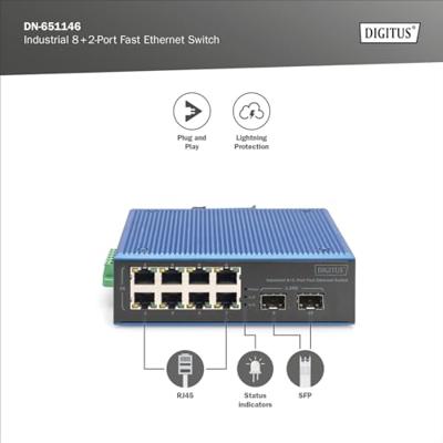 Digitus DN-651146 Industrial Ethernet Switch 8 + 2 poorten 10 / 100 / 1000 MBit/s Digitus DN-651146 Industrial Ethernet Switch 8 + 2 poorten 10 / 100 / 1000 MBit/s