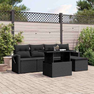 6-delige Loungeset met kussens poly rattan zwart