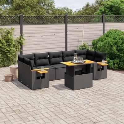 8-delige Loungeset met kussens poly rattan zwart