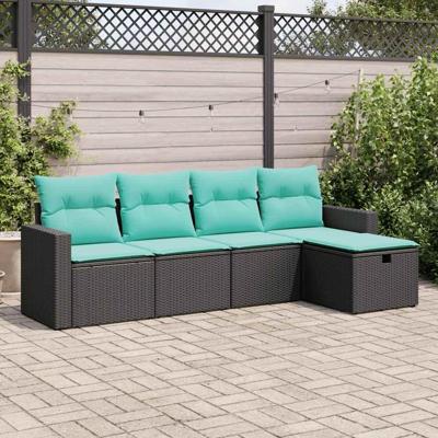 5-delige Loungeset met kussens poly rattan zwart