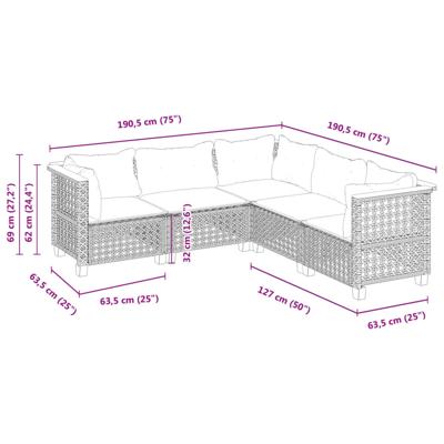 5-delige Loungeset met kussens poly rattan grijs - thumbnail