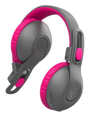 JLab JBuddies Studio 2 Draadloze en bedrade on-ear kinderhoofdtelefoon, grijs/roze, 65+ uur batterijduur, volumebestendig, volumeregelaar, opvouwbaar, verstelbaar, geluidsisolatie, met microfoon
