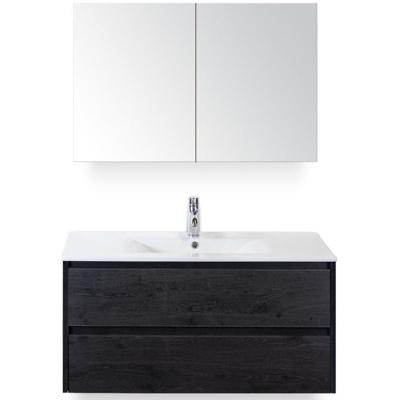 Dante Badmeubelset 100 cm - Black Oak - Keramische Wastafel Wit Enjoy met Spiegelkast