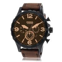 Fossil Heren Nate chronograaf bruin lederen bandhorloge JR1487 - thumbnail