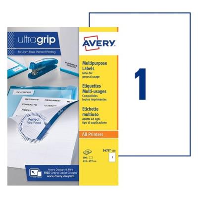 Etiket avery 3478 210x297mm a4 wit 100st
