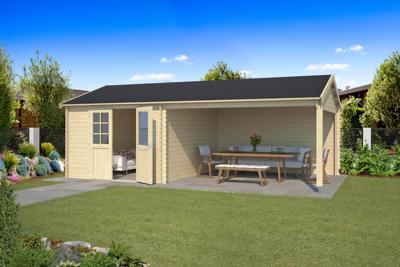 Outdoor Life Octavio Blokhut 310x400 cm + overkapping 391 cm vuren blank- Zadeldak- Onbehandeld vurenhout- Outdoor Life Outdoor Life Octavio Blokhut 310x400 cm + overkapping 391 cm vuren blank- Zadeldak- Onbehandeld vurenhout- Outdoor Life