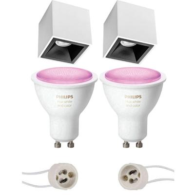 Pragmi Cliron Pro - Opbouw Vierkant - Mat Wit/Zwart - Verdiept - 90mm - Philips Hue - Opbouwspot Set GU10 - White and Color Ambiance - Bluetooth