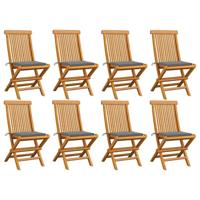 Tuinstoelen 8 st met grijze kussens massief teakhout - thumbnail