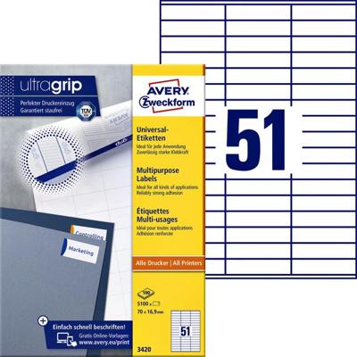 Avery Zweckform 3420, Universele etiketten, Ultragrip, wit, 100 vel, 51 per vel, 70 x 16,9 mm Avery Zweckform 3420, Universele etiketten, Ultragrip, wit, 100 vel, 51 per vel, 70 x 16,9 mm