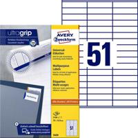 Avery Zweckform 3420, Universele etiketten, Ultragrip, wit, 100 vel, 51 per vel, 70 x 16,9 mm - thumbnail
