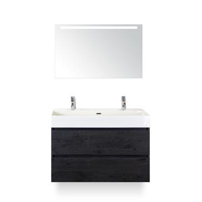 Maxx XL Badmeubelset 100 cm - Black Oak - Wastafel Kube 2 kraangaten - met Sence Spiegel