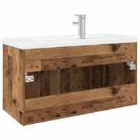 Wastafelkast met ingebouwde wasbak bewerkt hout oud hout - thumbnail