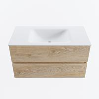 MONDIAZ VICA 90cm badmeubel onderkast Washed Oak 2 lades. Wastafel CLOUD midden zonder kraangat, kleur Talc. - thumbnail