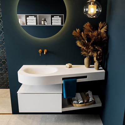 MONDIAZ RIVA 120cm badmeubel onderkast / planchet kleur Talc met 1 lade. Wastafel DULCET links 0 kraangaten kleur Talc.
