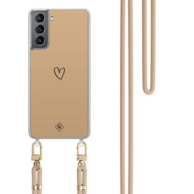 Samsung Galaxy S21 hoesje met beige koord - Hart bruin Samsung Galaxy S21 hoesje met beige koord - Hart bruin