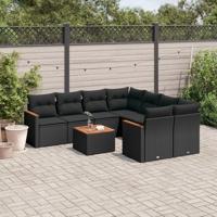 9-delige Loungeset met kussens poly rattan zwart - thumbnail
