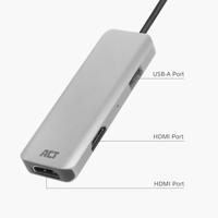 ACT USB-C 4K multiport adapter voor 2 HDMI schermen, USB-A datapoort - thumbnail