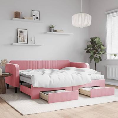 Slaapbank met onderschuifbed en lades 90x200 cm fluweel roze