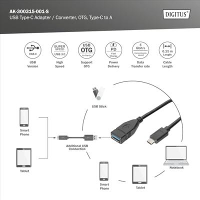 Digitus USB 3.2 Gen 1 (USB 3.0) Adapter [1x USB 3.2 Gen 1 bus A (USB 3.0) - 1x USB 3.2 Gen 1 stekker C (USB 3.0)] AK-300315-001-S 0.15 m Rond, Stekker past op