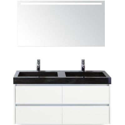 Dante Badmeubelset 120 cm - Wit Hoogglans - Wastafel Hardsteen Wit Lucca Dubbel met Sence Spiegel