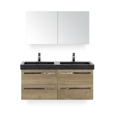 Seville Badmeubelset 120 cm - 4 laden Natuur Eiken - Wastafel Hardsteen Wit Lucca - met Spiegel - Variant 2