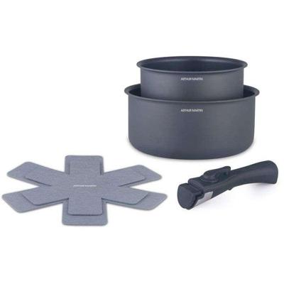 Set van 2 steelpannen - Geschikt voor alle kookplaten inclusief inductie - ARTHUR MARTIN - AM2984 - Antiaanbaklaag - Ø 16-20 cm + Afneembare handgreep - Matgrijs