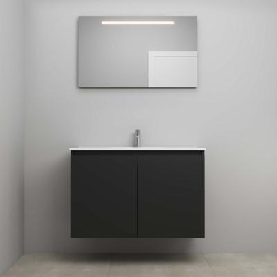 On-Line Badkamermeubelset - 100 cm - Bouwpakket - Greeploos 2 Deuren - Porseleinen Wastafel - 1 Kraangat - Spiegel met LED-Verlichting - Mat Zwart