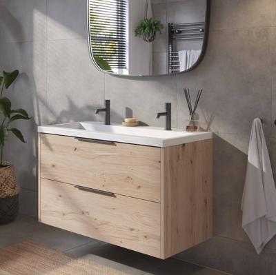 Saqu Lima badmeubel incl. mat witte wastafel met 2 kraangaten 100x52x64cm naturel eiken - mat zwarte greep